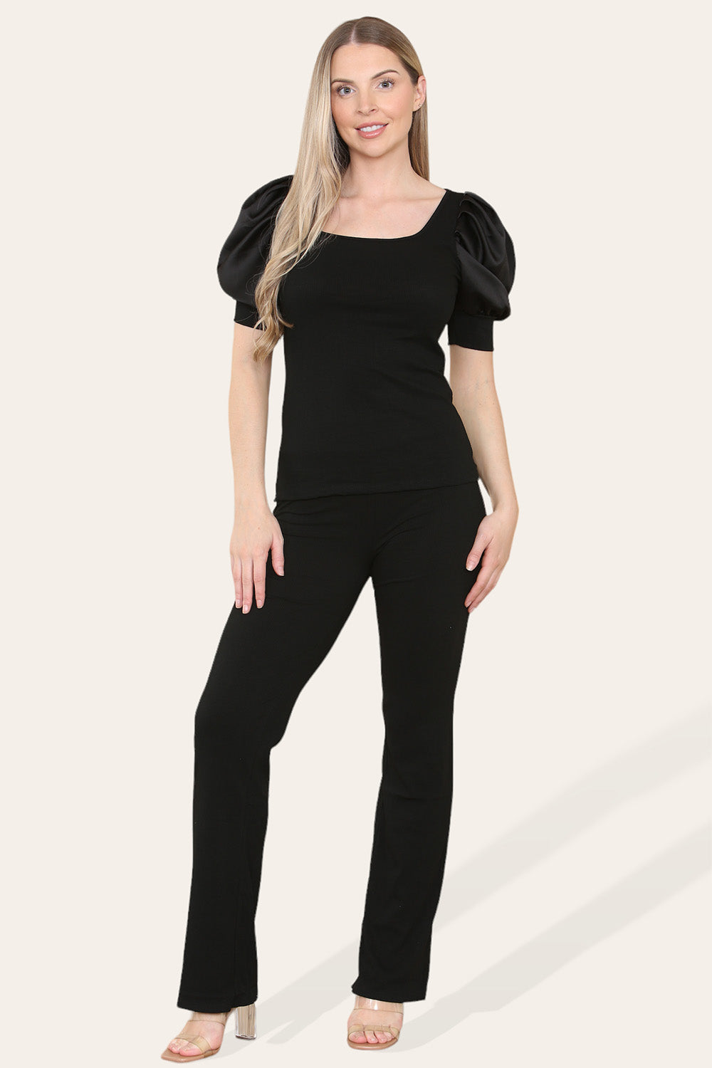 Silky Satin Puff Sleeves Ribbed Lounge Set - 9th Degree