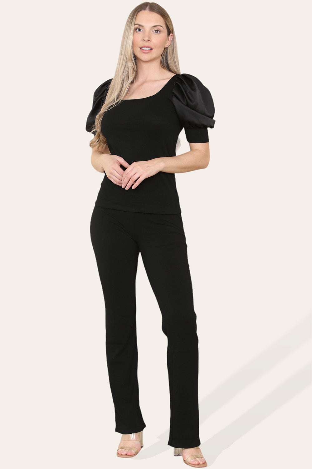 Silky Satin Puff Sleeves Ribbed Lounge Set - 9th Degree