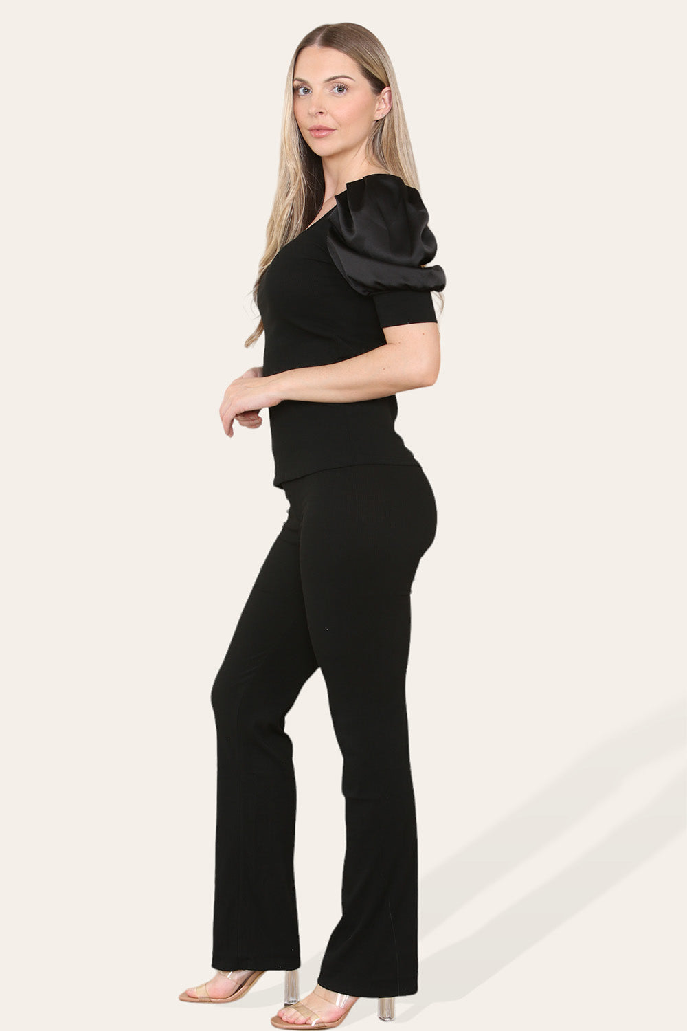 Silky Satin Puff Sleeves Ribbed Lounge Set - 9th Degree