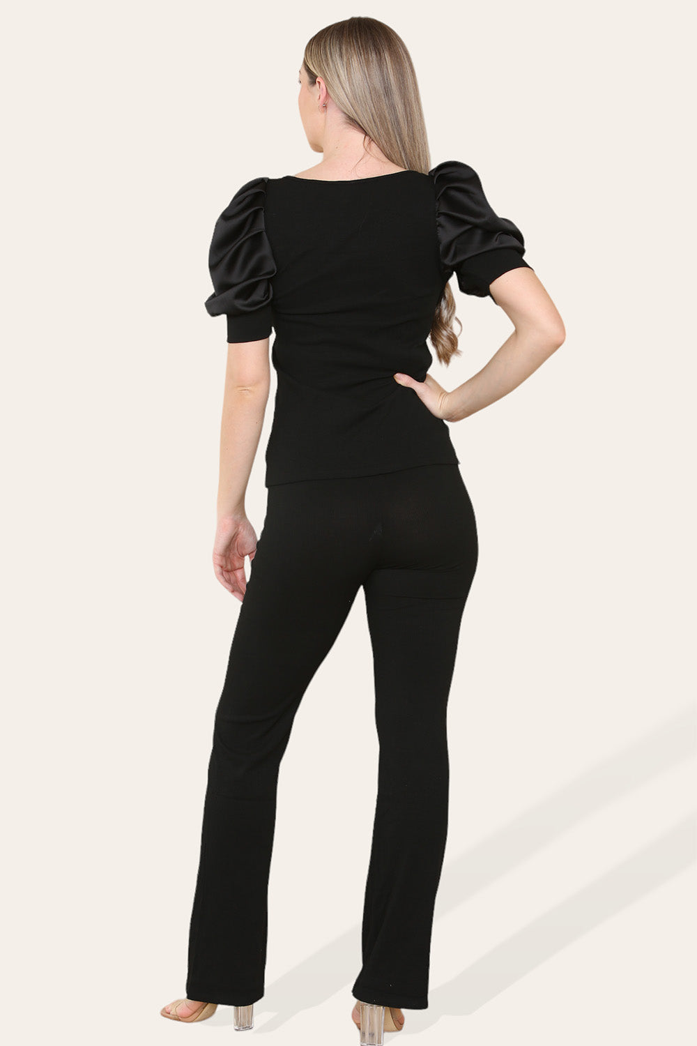 Silky Satin Puff Sleeves Ribbed Lounge Set - 9th Degree