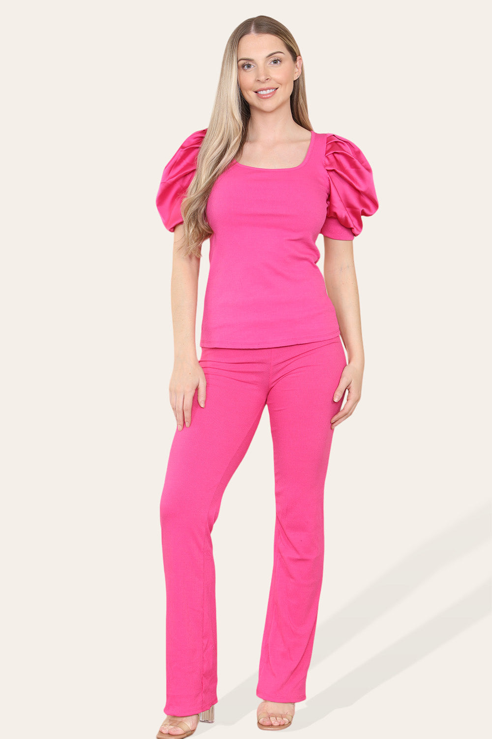 Silky Satin Puff Sleeves Ribbed Lounge Set - 9th Degree