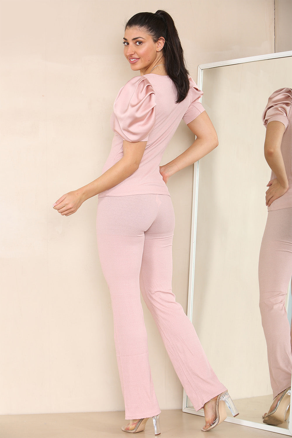 Silky Satin Puff Sleeves Ribbed Lounge Set - 9th Degree