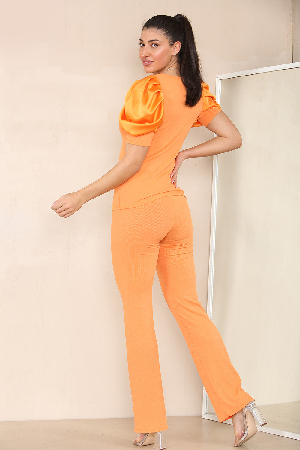 Silky Satin Puff Sleeves Ribbed Lounge Set - 9th Degree