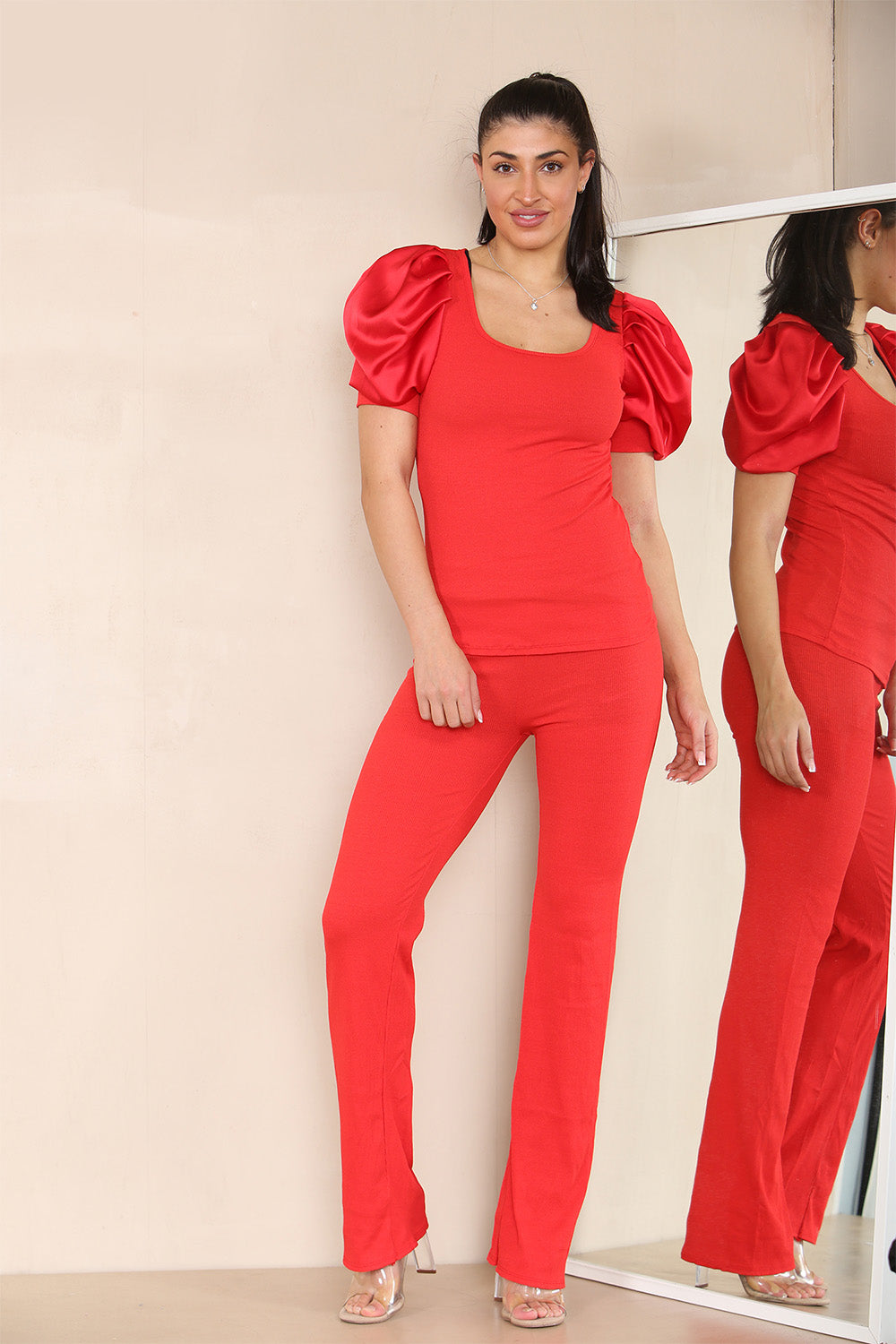 Silky Satin Puff Sleeves Ribbed Lounge Set - 9th Degree