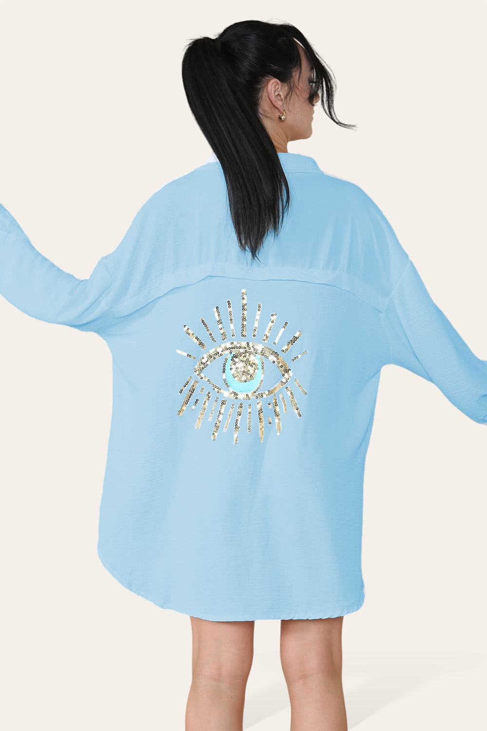 Oversized Long Sleeve Gold Sequin Eye Button Up Shirt - 9th Degree