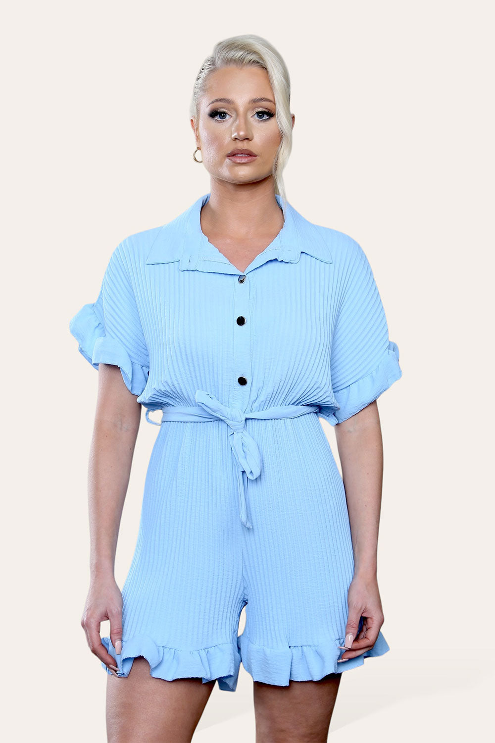 Pleated Ruffle Shirt Short Playsuit With Frill Hems - 9th Degree