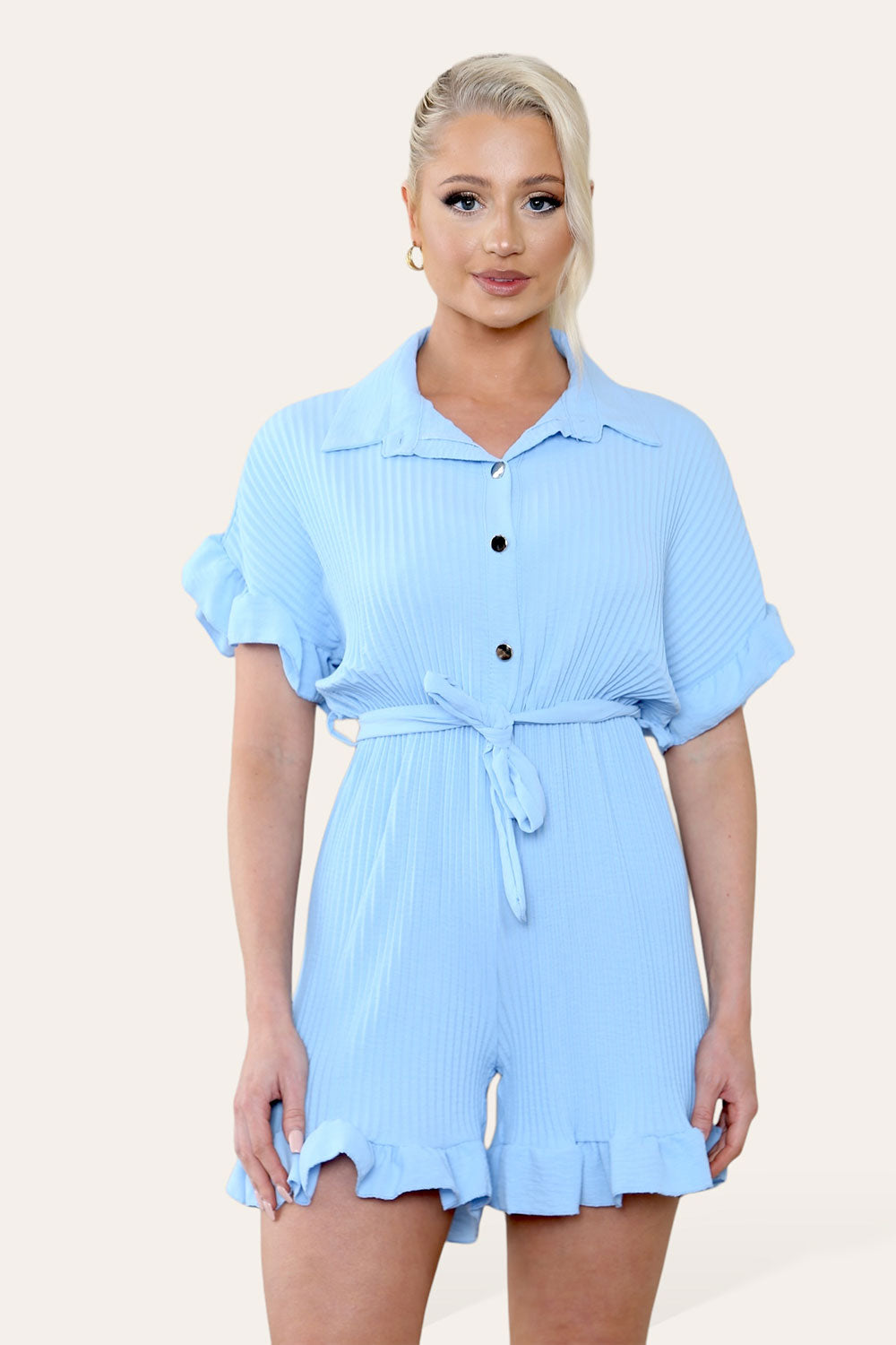 Pleated Ruffle Shirt Short Playsuit With Frill Hems - 9th Degree