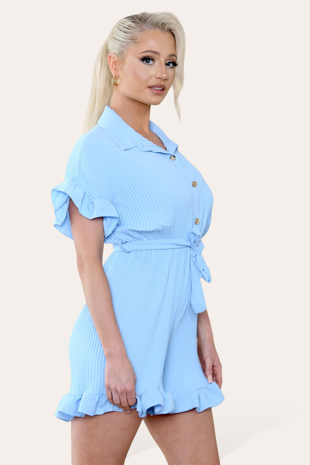 Pleated Ruffle Shirt Short Playsuit With Frill Hems - 9th Degree
