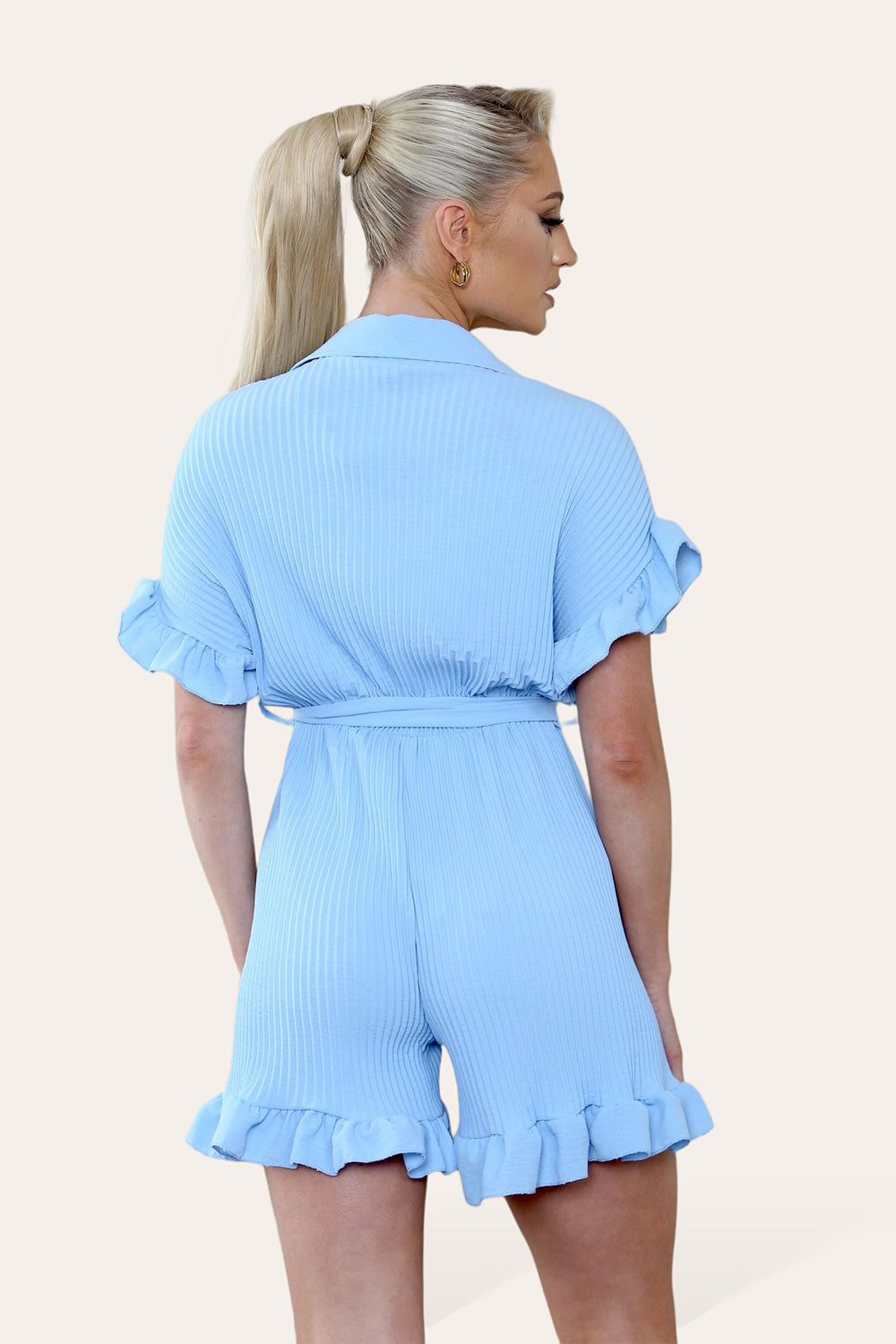 Pleated Ruffle Shirt Short Playsuit With Frill Hems - 9th Degree