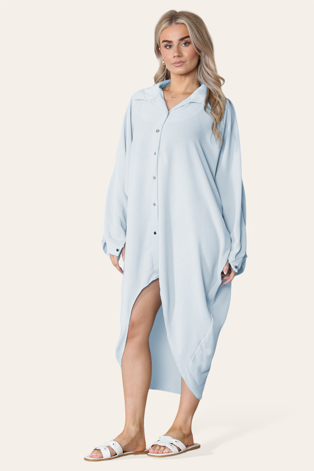 High-Low Oversized Button Long Top Shirt Dress with Hem and Long Sleeves - 9th Degree
