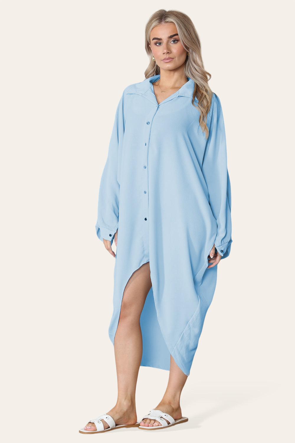 High-Low Oversized Button Long Top Shirt Dress with Hem and Long Sleeves - 9th Degree