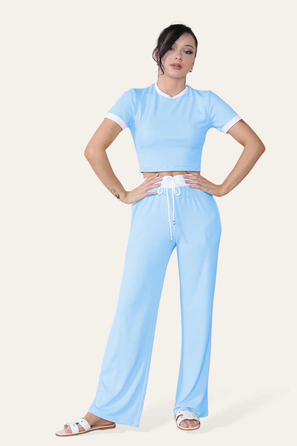Ribbed Contrast Wide Leg Flared Trousers And Top Loungewear TRS Cropped Set - 9th Degree