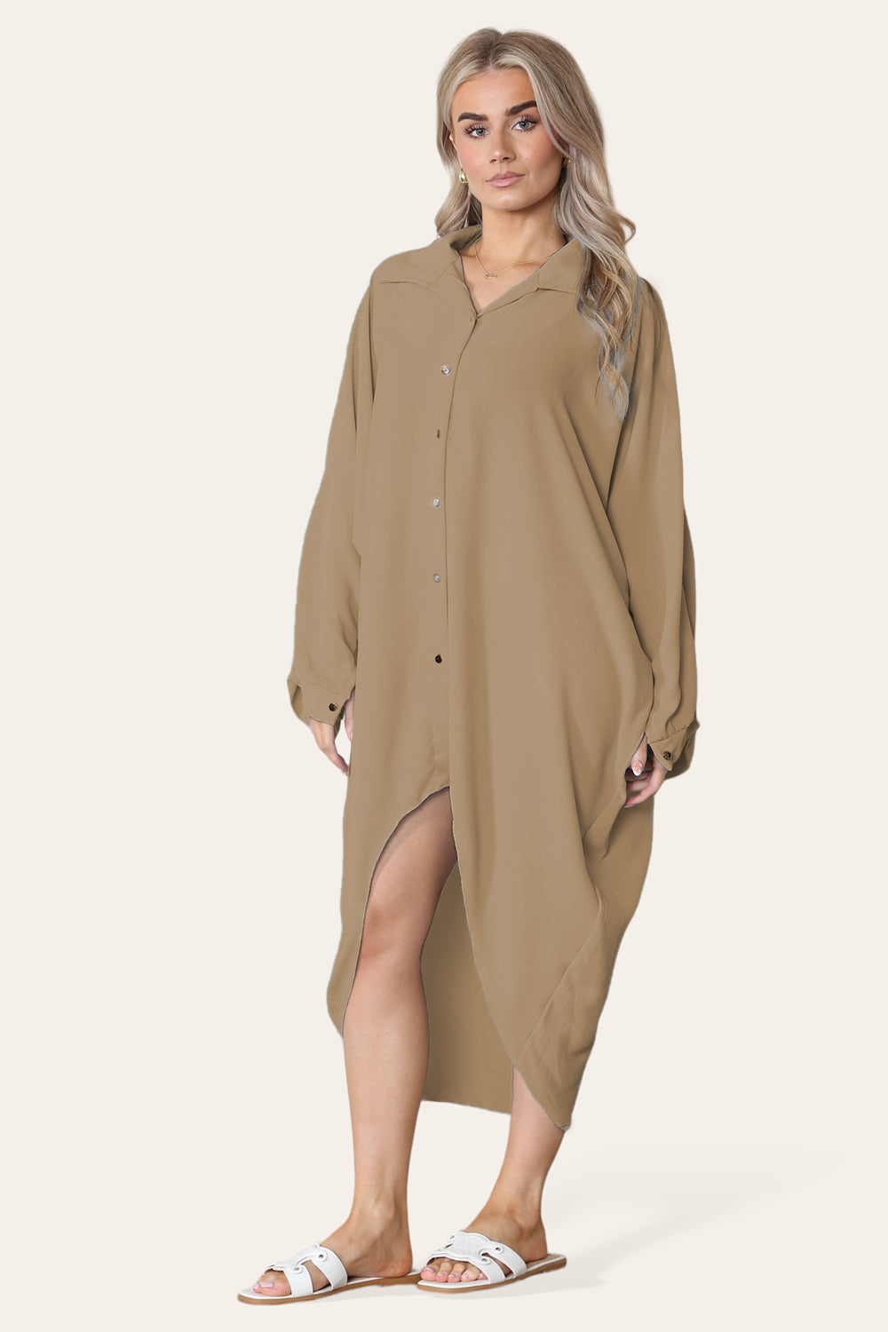 High-Low Oversized Button Long Top Shirt Dress with Hem and Long Sleeves - 9th Degree
