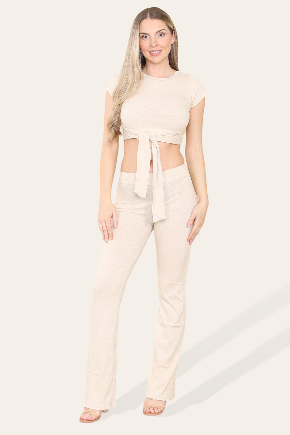 Tie Belt Front Cropped Loungewear Ribbed Trousers Set - 9th Degree