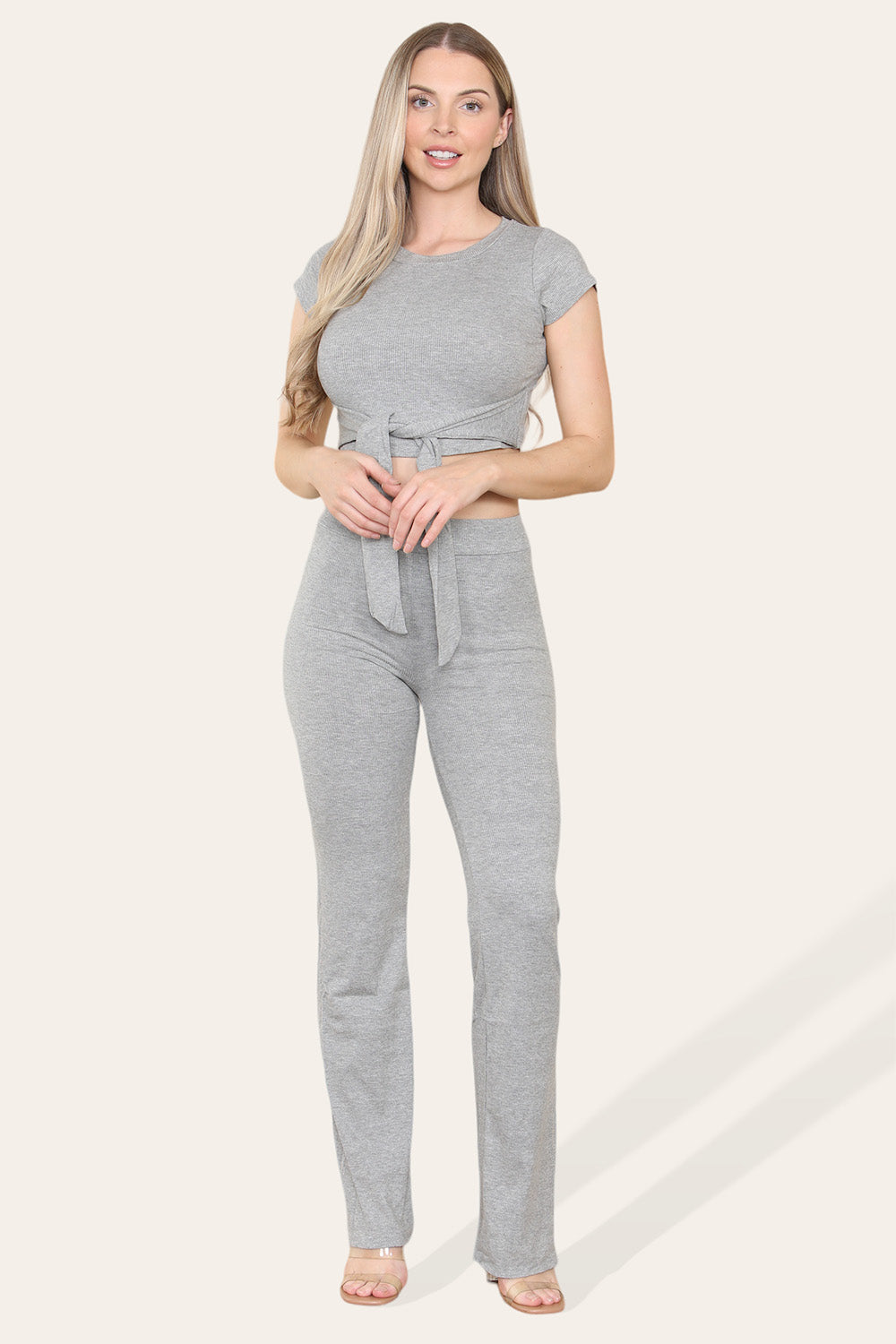 Tie Belt Front Cropped Loungewear Ribbed Trousers Set - 9th Degree