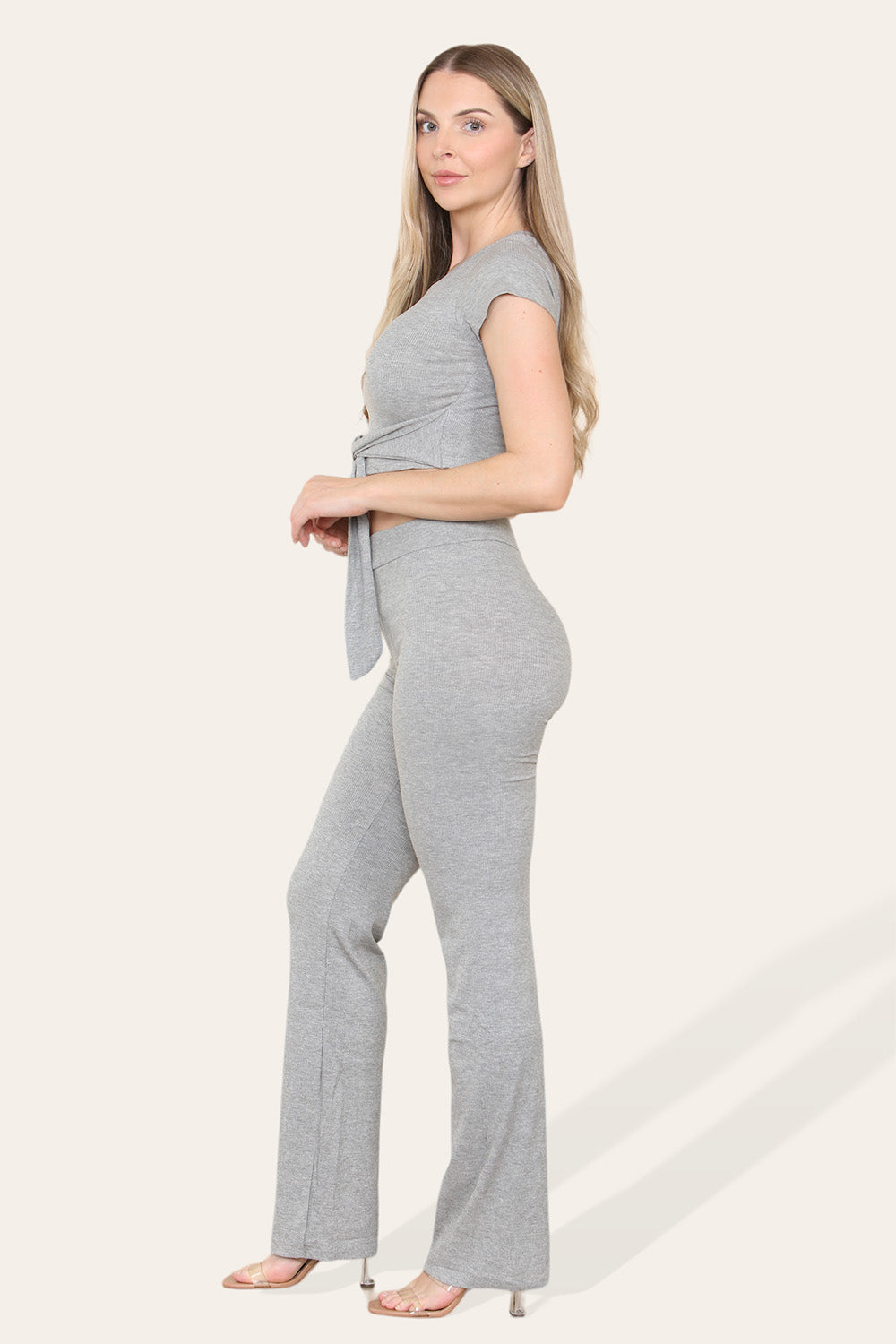 Tie Belt Front Cropped Loungewear Ribbed Trousers Set - 9th Degree