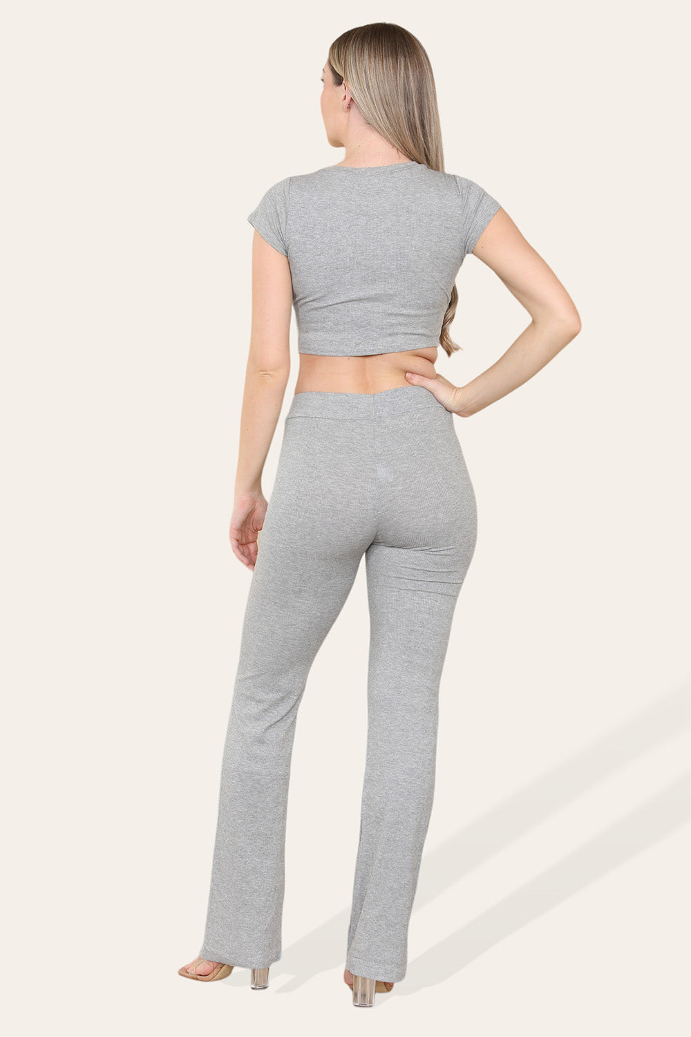 Tie Belt Front Cropped Loungewear Ribbed Trousers Set - 9th Degree