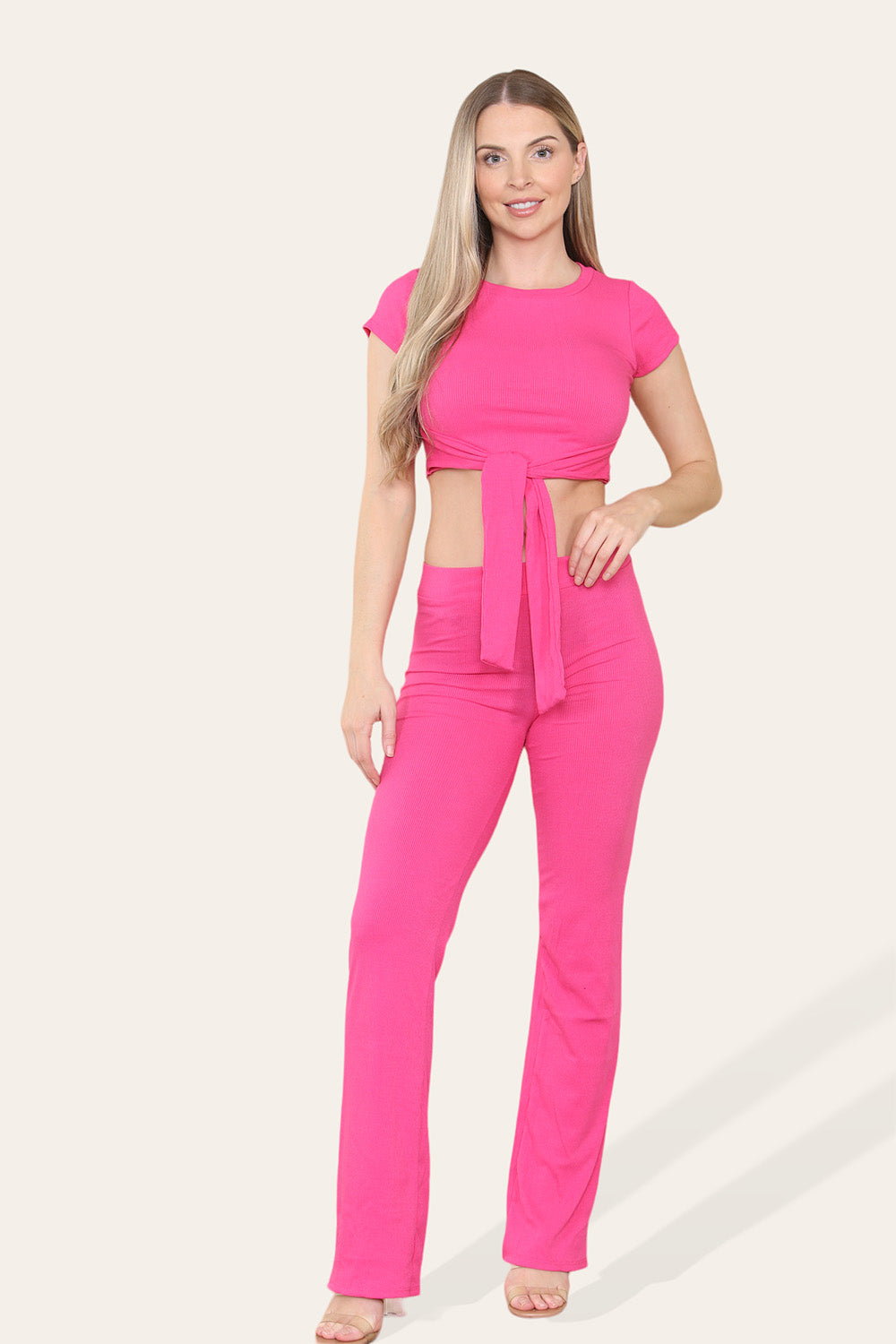 Tie Belt Front Cropped Loungewear Ribbed Trousers Set - 9th Degree
