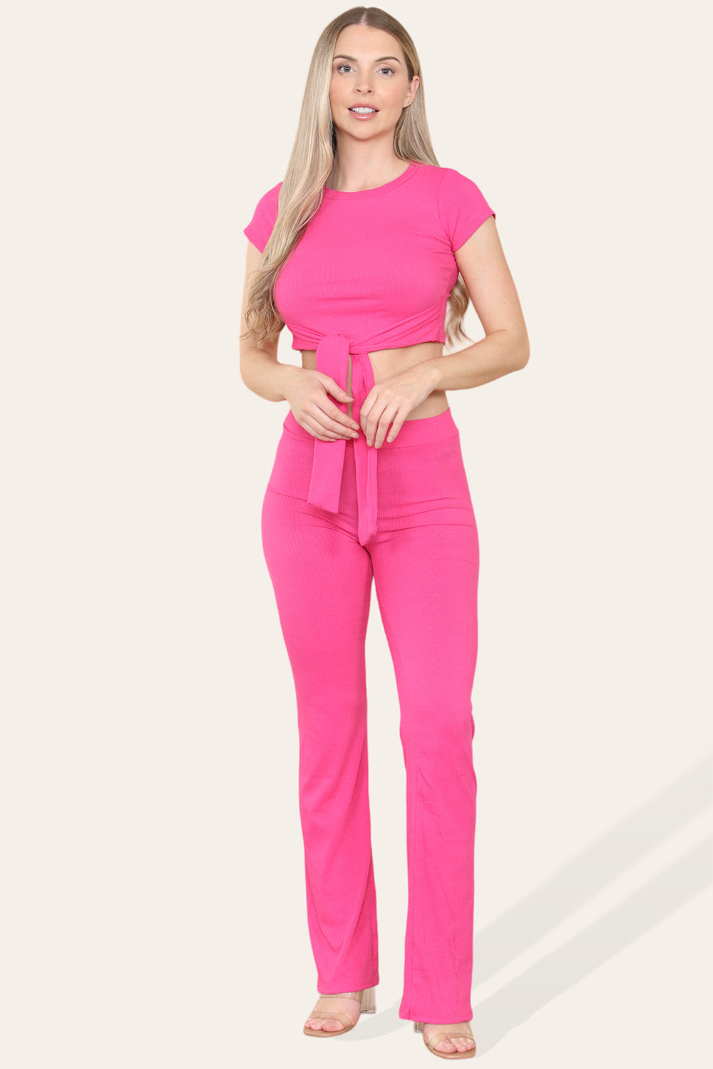 Tie Belt Front Cropped Loungewear Ribbed Trousers Set - 9th Degree