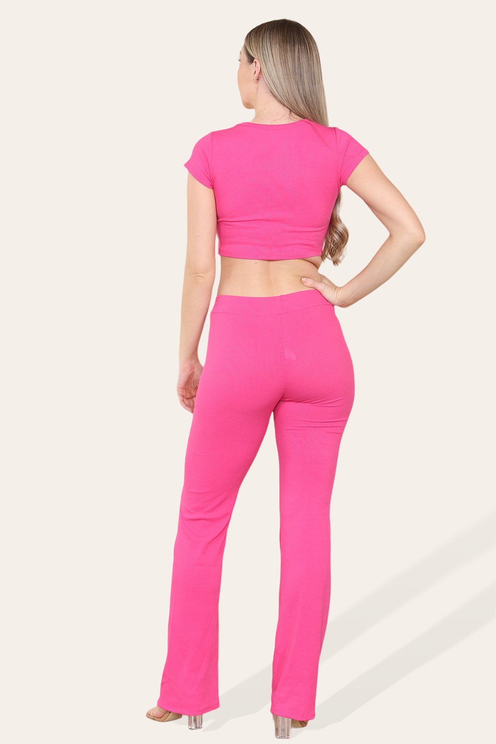 Tie Belt Front Cropped Loungewear Ribbed Trousers Set - 9th Degree