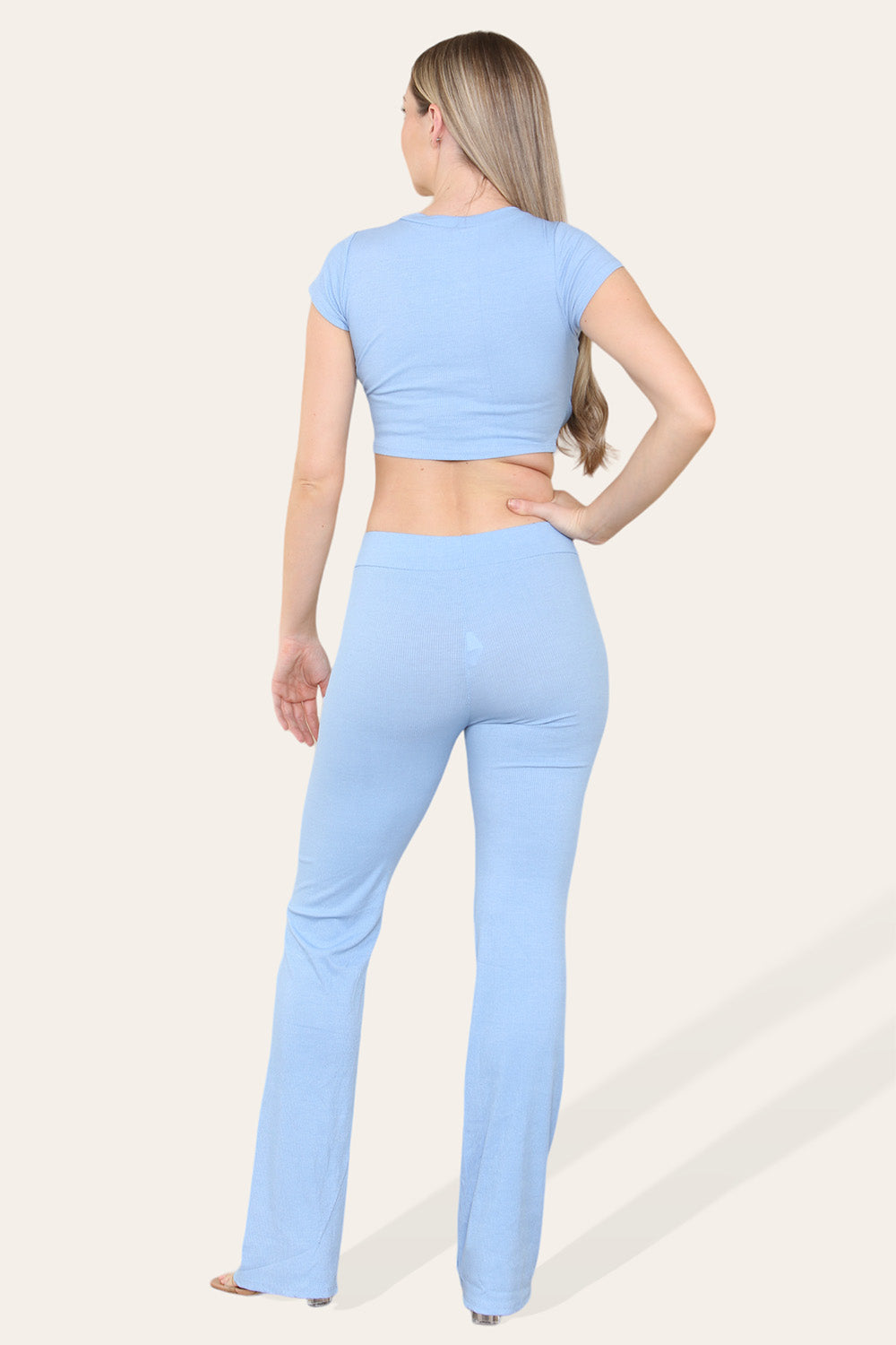 Tie Belt Front Cropped Loungewear Ribbed Trousers Set - 9th Degree