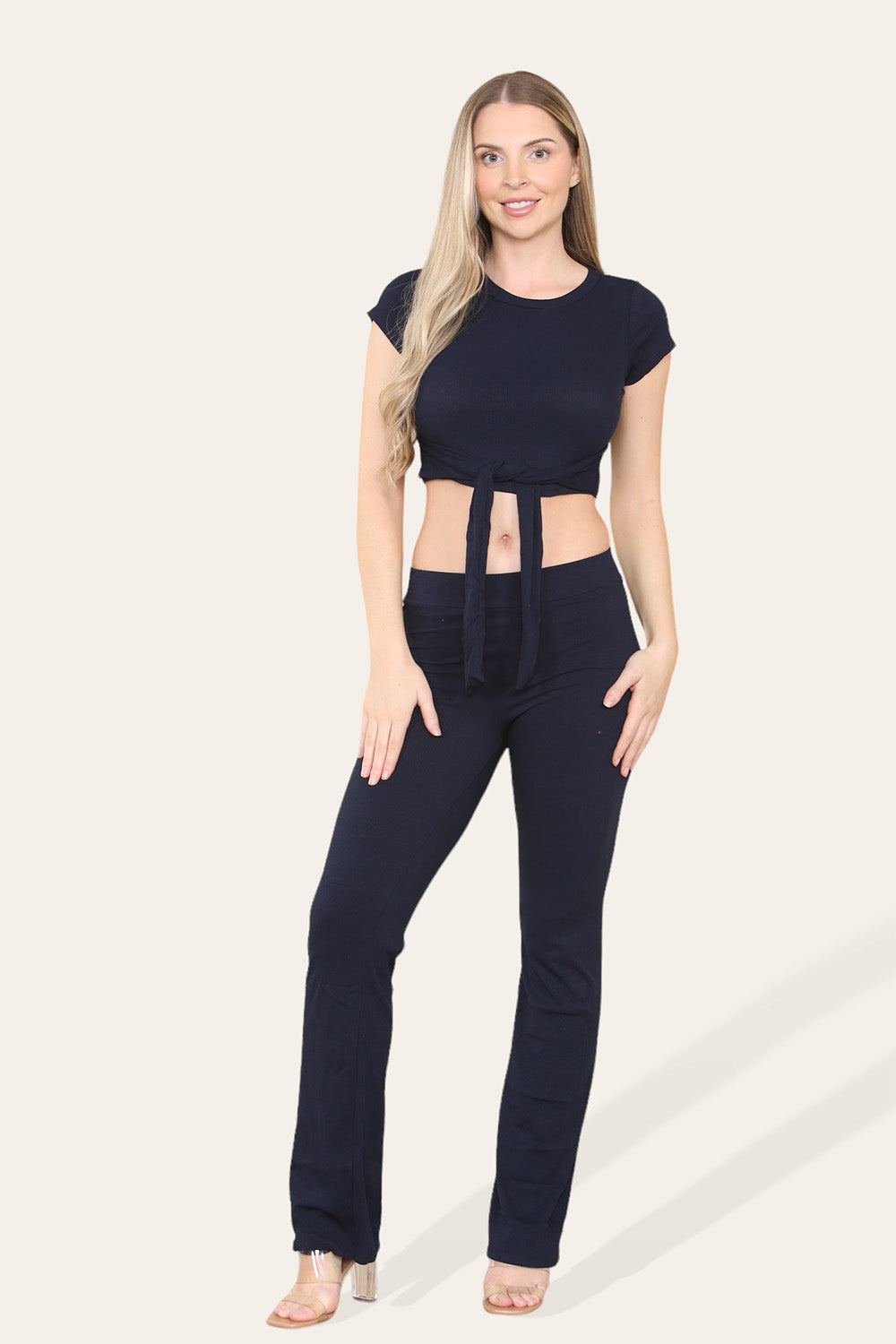 Tie Belt Front Cropped Loungewear Ribbed Trousers Set - 9th Degree