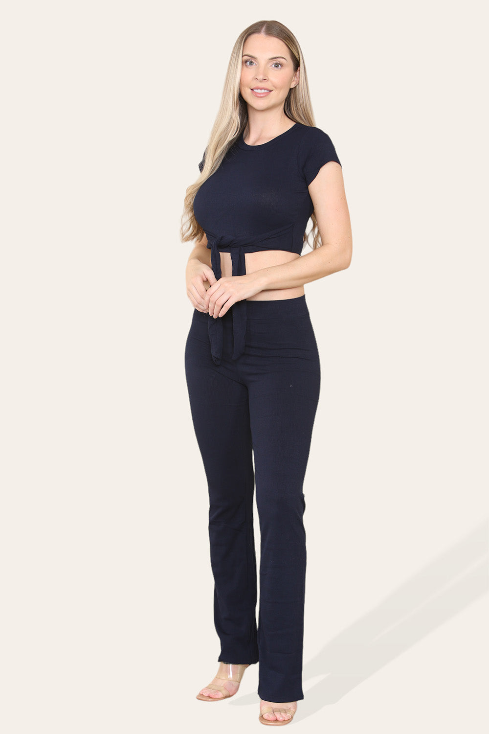 Tie Belt Front Cropped Loungewear Ribbed Trousers Set - 9th Degree