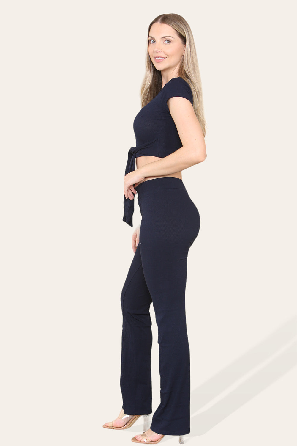 Tie Belt Front Cropped Loungewear Ribbed Trousers Set - 9th Degree