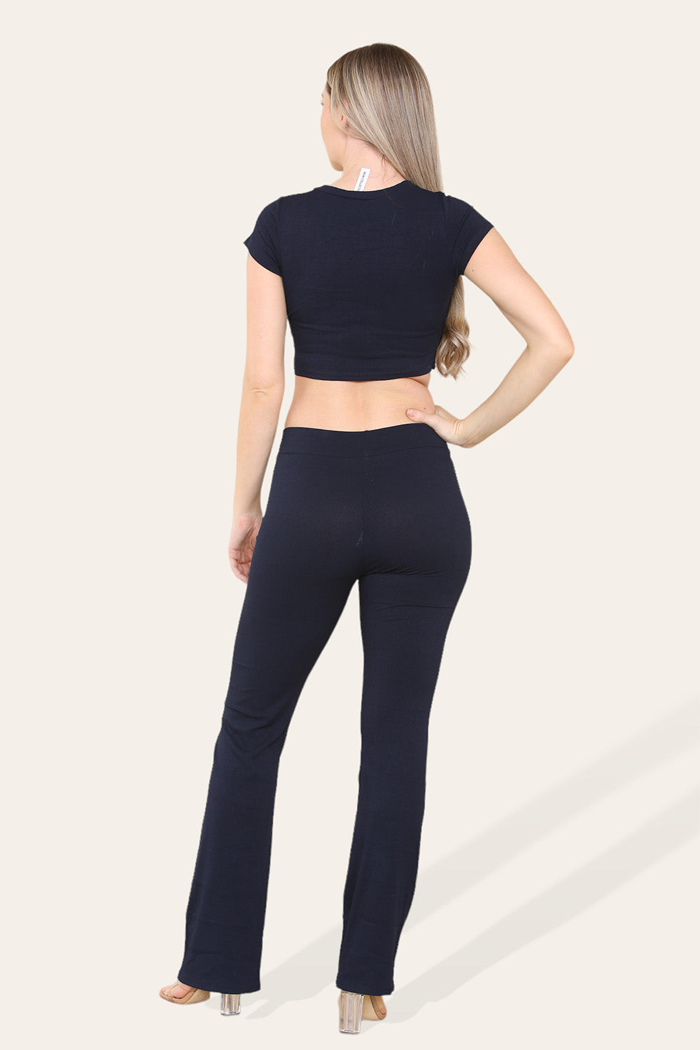 Tie Belt Front Cropped Loungewear Ribbed Trousers Set - 9th Degree