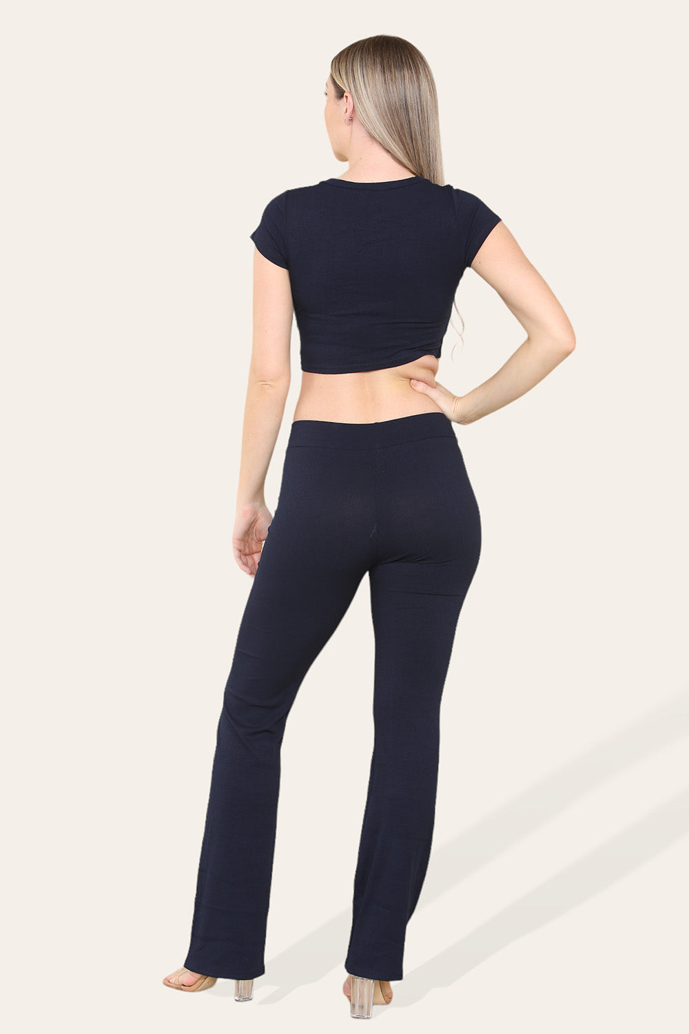 Tie Belt Front Cropped Loungewear Ribbed Trousers Set - 9th Degree