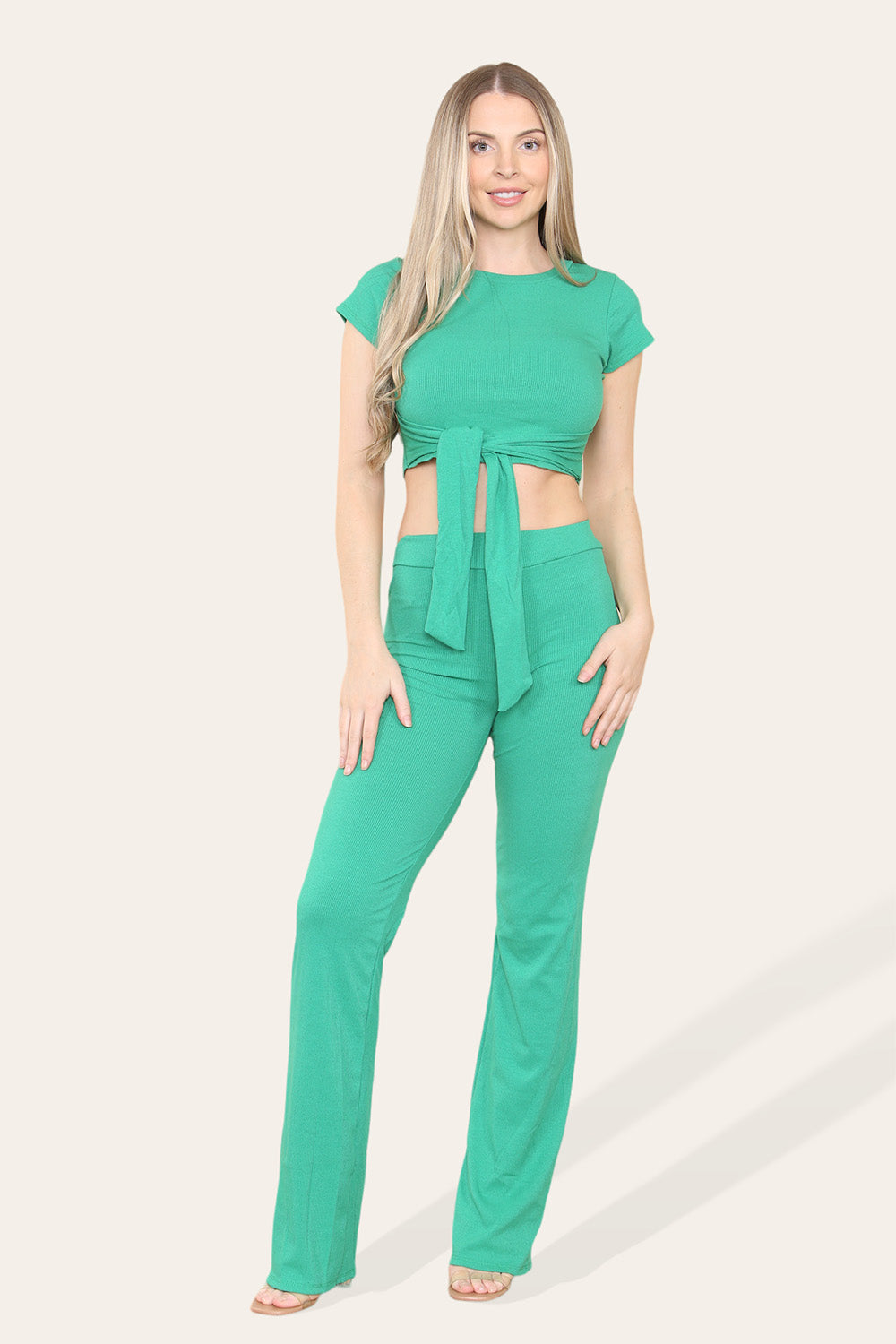 Tie Belt Front Cropped Loungewear Ribbed Trousers Set - 9th Degree