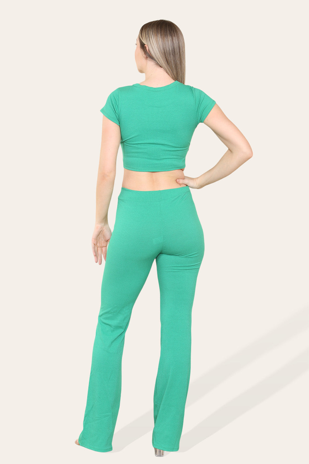 Tie Belt Front Cropped Loungewear Ribbed Trousers Set - 9th Degree