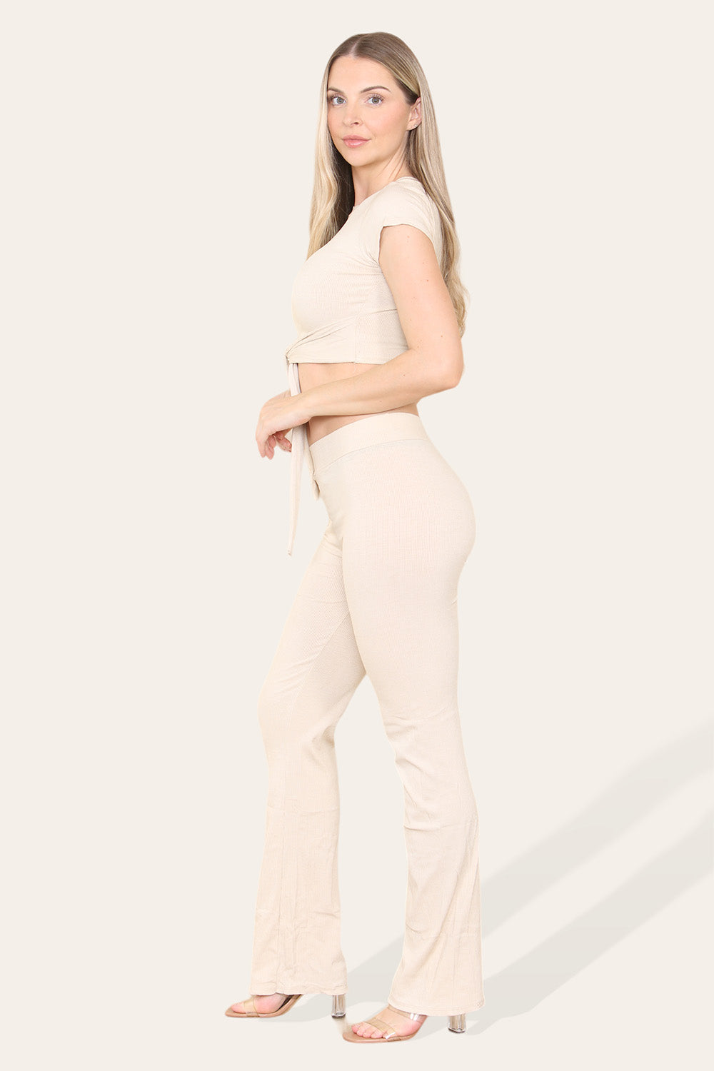 Tie Belt Front Cropped Loungewear Ribbed Trousers Set - 9th Degree