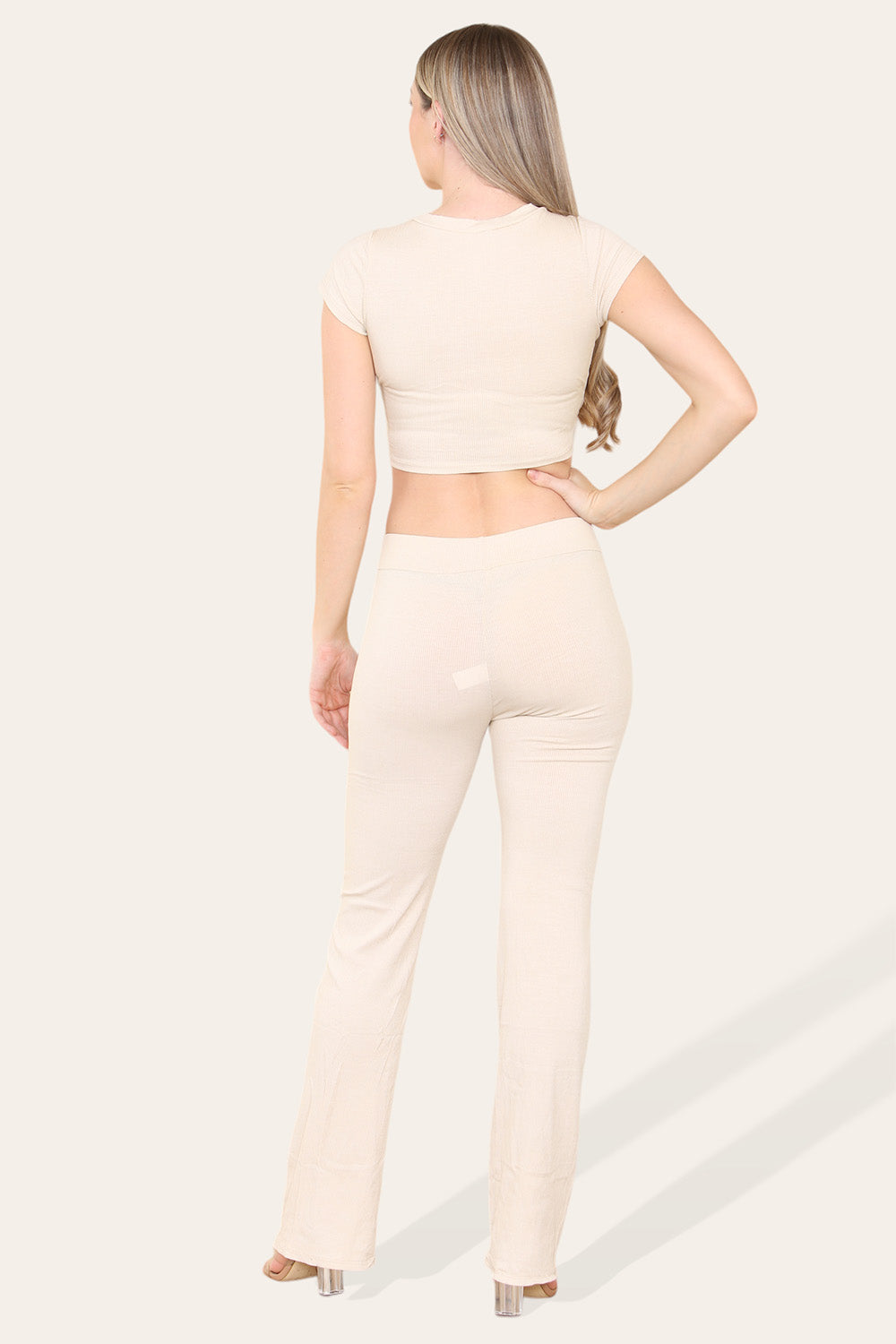 Tie Belt Front Cropped Loungewear Ribbed Trousers Set - 9th Degree