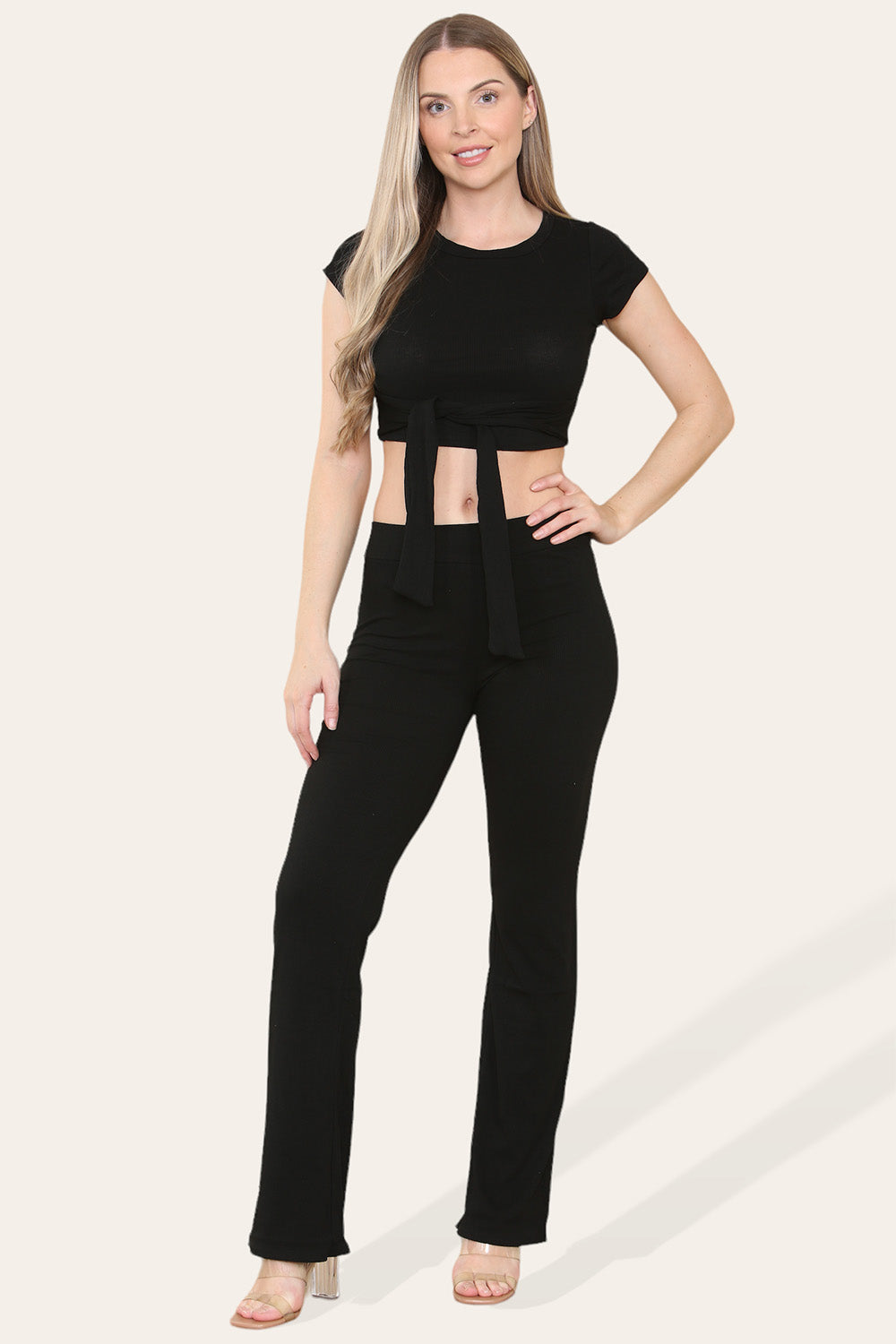 Tie Belt Front Cropped Loungewear Ribbed Trousers Set - 9th Degree