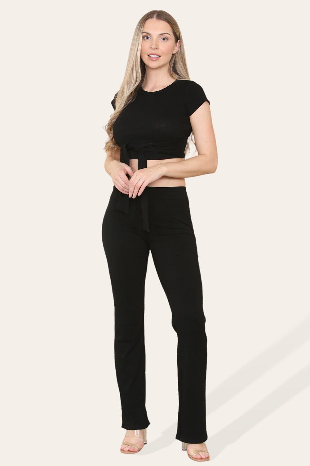 Tie Belt Front Cropped Loungewear Ribbed Trousers Set - 9th Degree