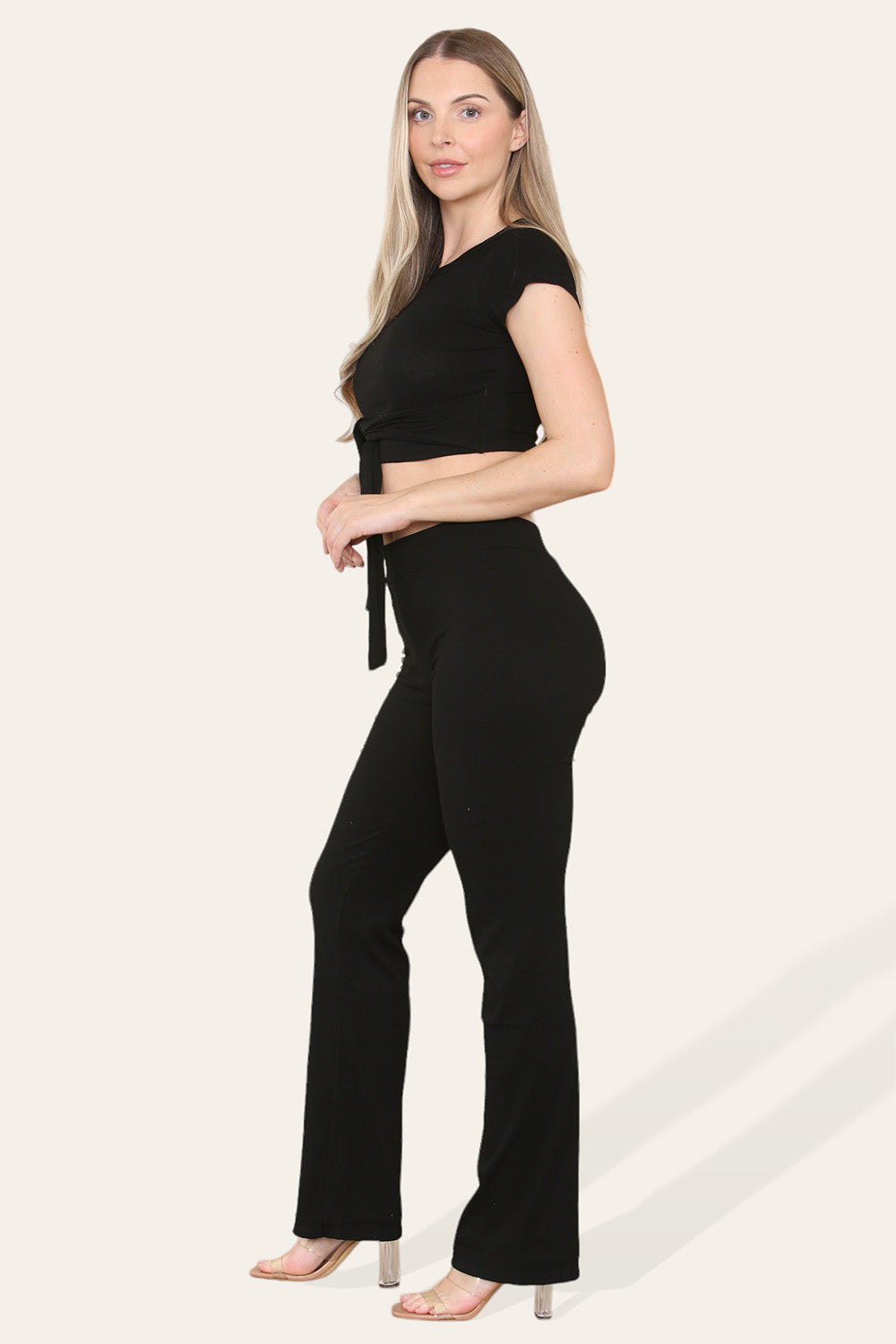 Tie Belt Front Cropped Loungewear Ribbed Trousers Set - 9th Degree