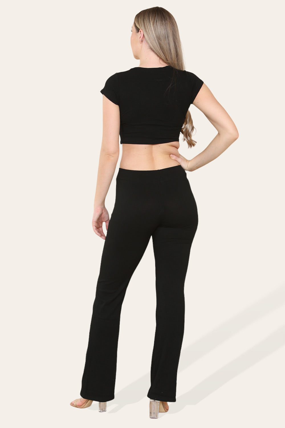 Tie Belt Front Cropped Loungewear Ribbed Trousers Set - 9th Degree