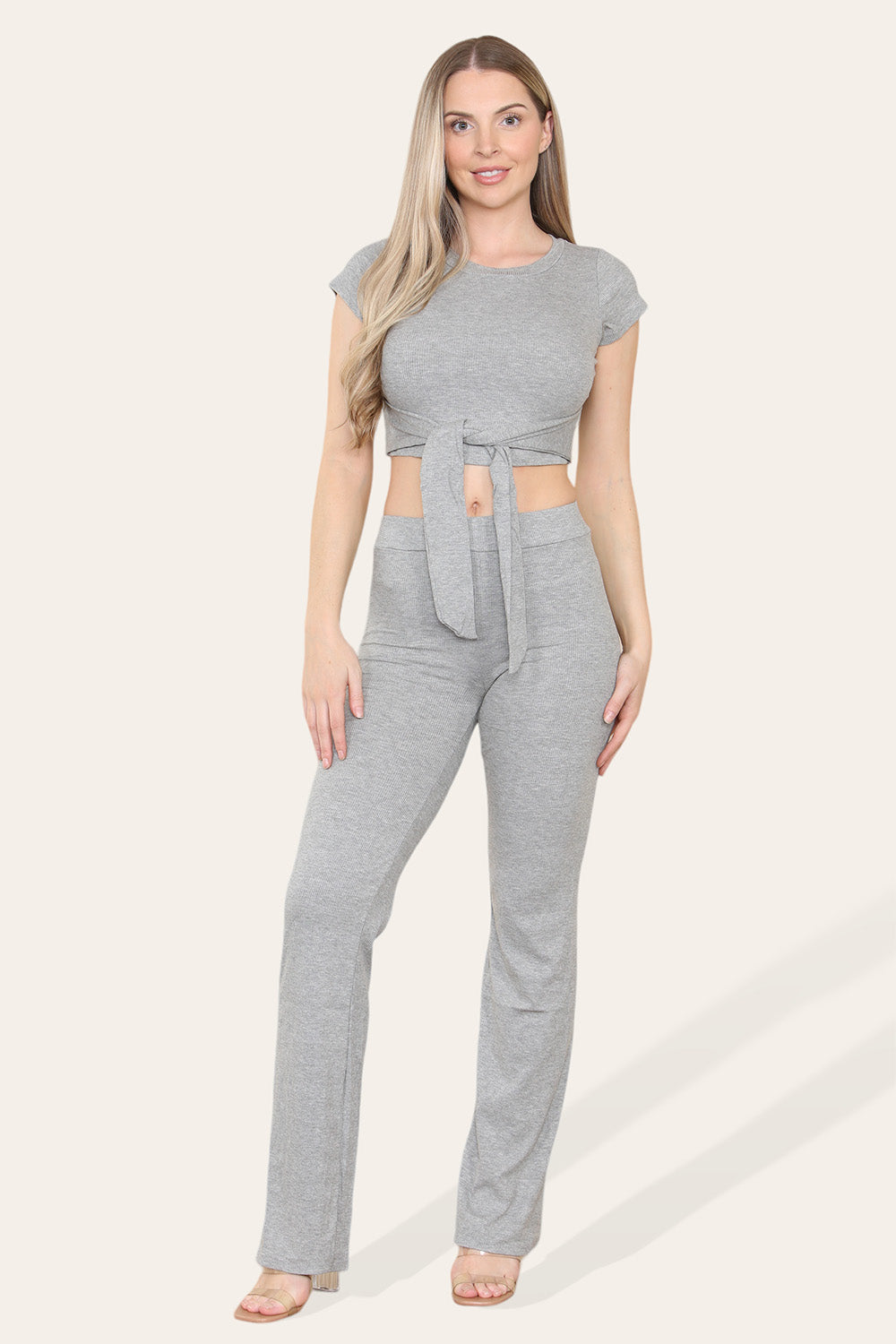 Tie Belt Front Cropped Loungewear Ribbed Trousers Set - 9th Degree