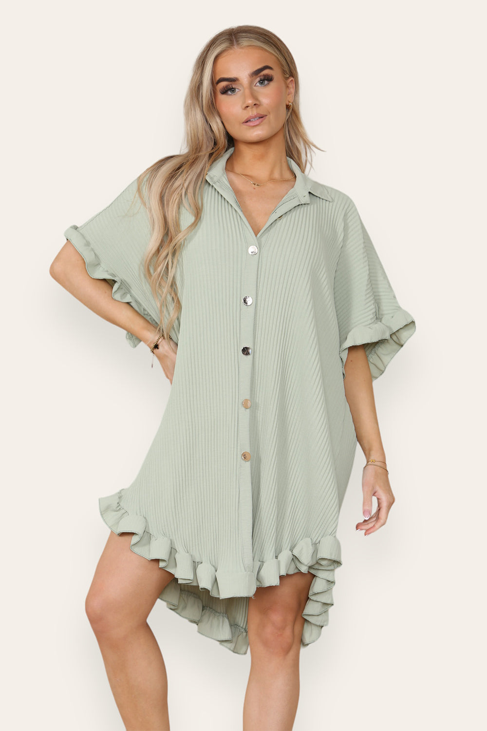 Over Sized Italian Gold Button Pleated Frill Ruffle TikTok Dress Top - 9th Degree