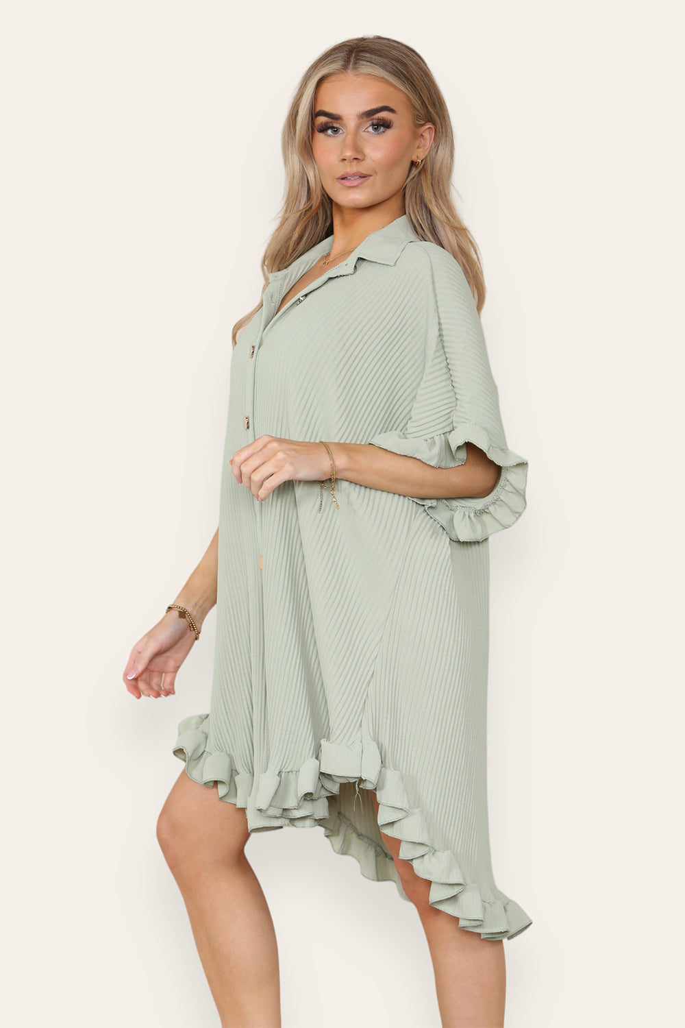 Over Sized Italian Gold Button Pleated Frill Ruffle TikTok Dress Top - 9th Degree