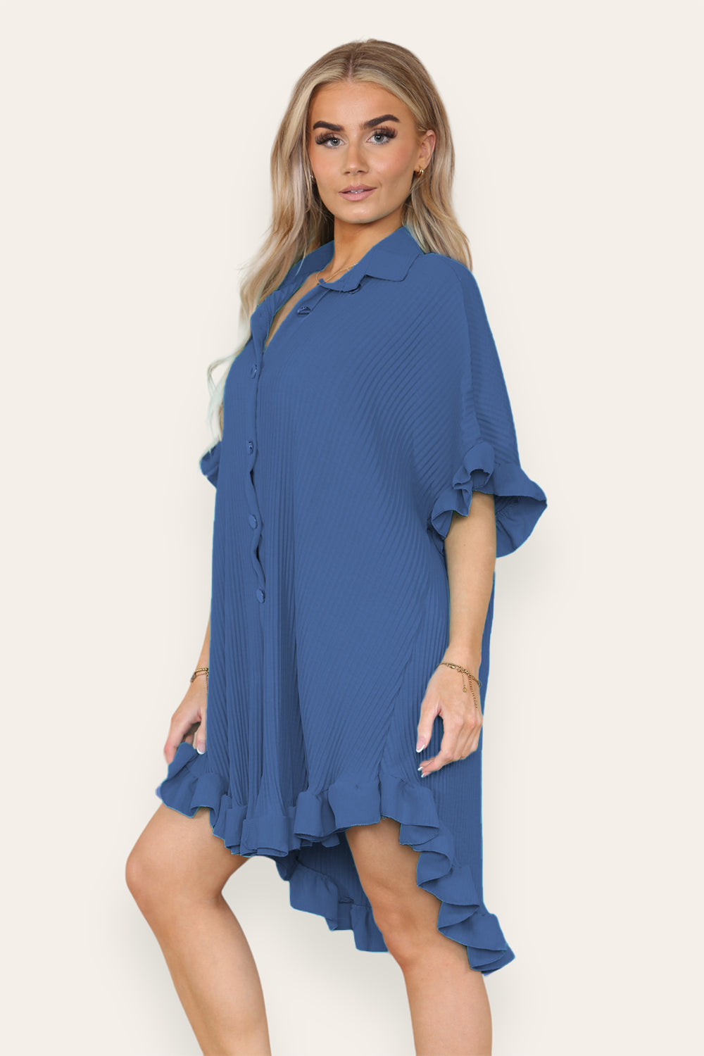 Over Sized Italian Gold Button Pleated Frill Ruffle TikTok Dress Top - 9th Degree