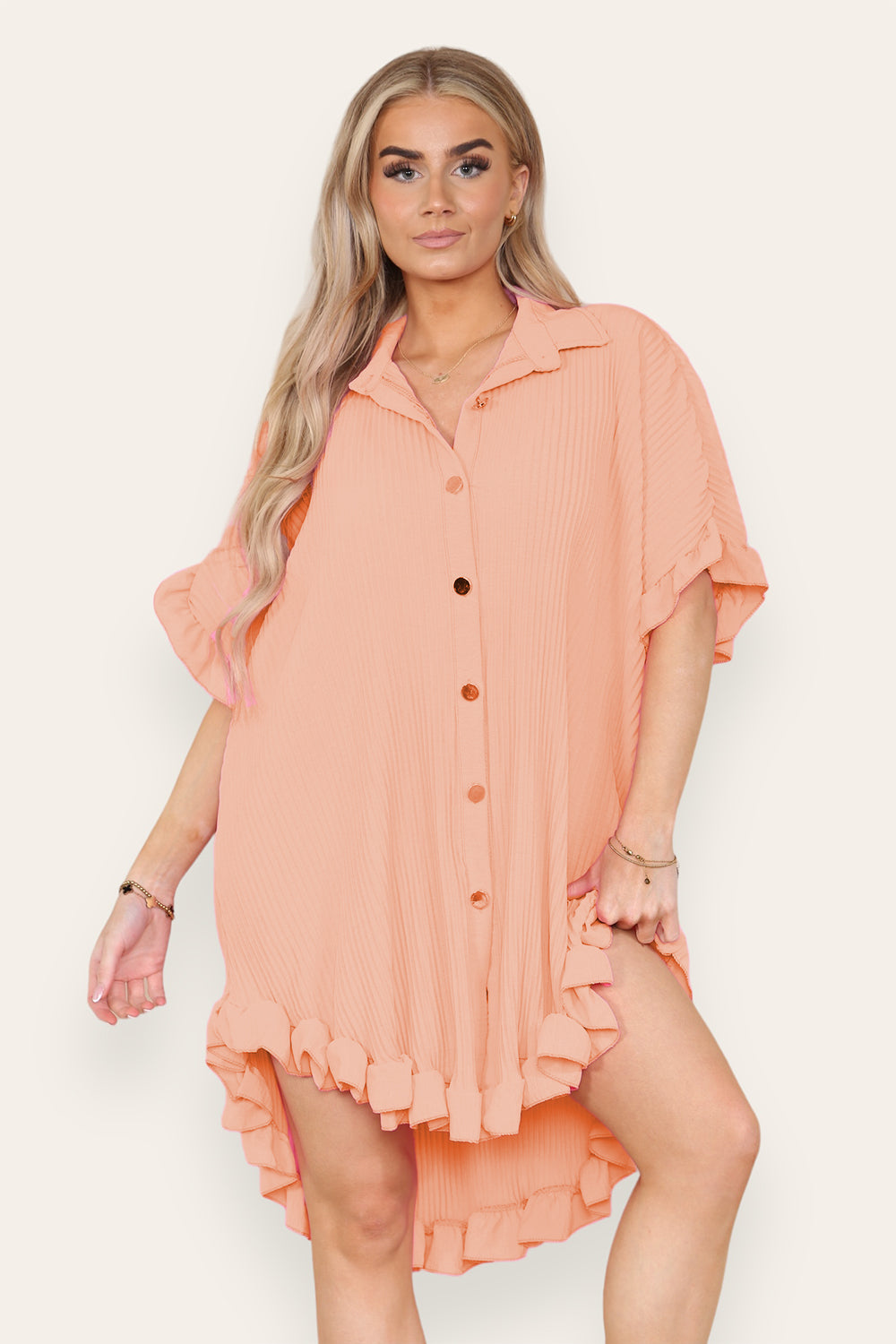 Over Sized Italian Gold Button Pleated Frill Ruffle TikTok Dress Top - 9th Degree