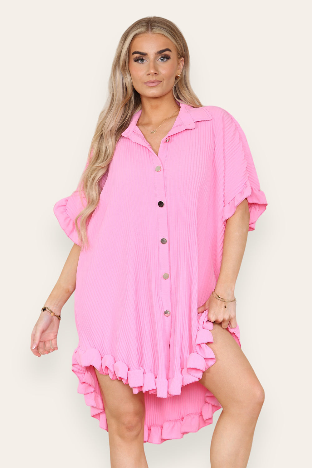 Over Sized Italian Gold Button Pleated Frill Ruffle TikTok Dress Top - 9th Degree