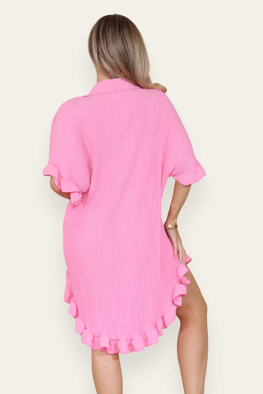 Over Sized Italian Gold Button Pleated Frill Ruffle TikTok Dress Top - 9th Degree