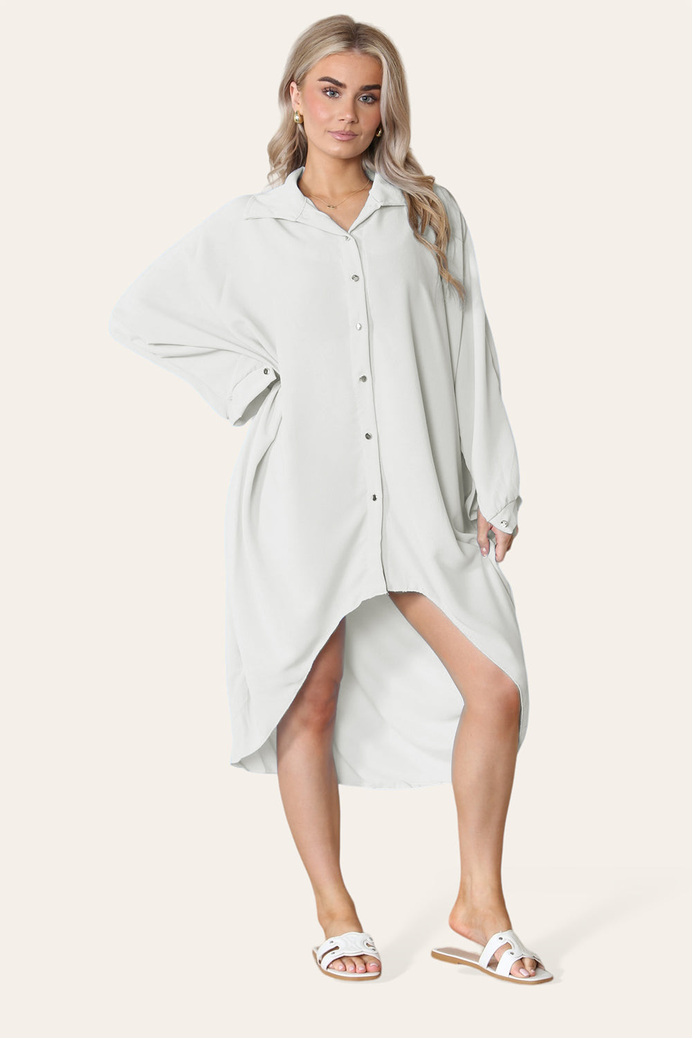 High-Low Oversized Button Long Top Shirt Dress with Hem and Long Sleeves - 9th Degree