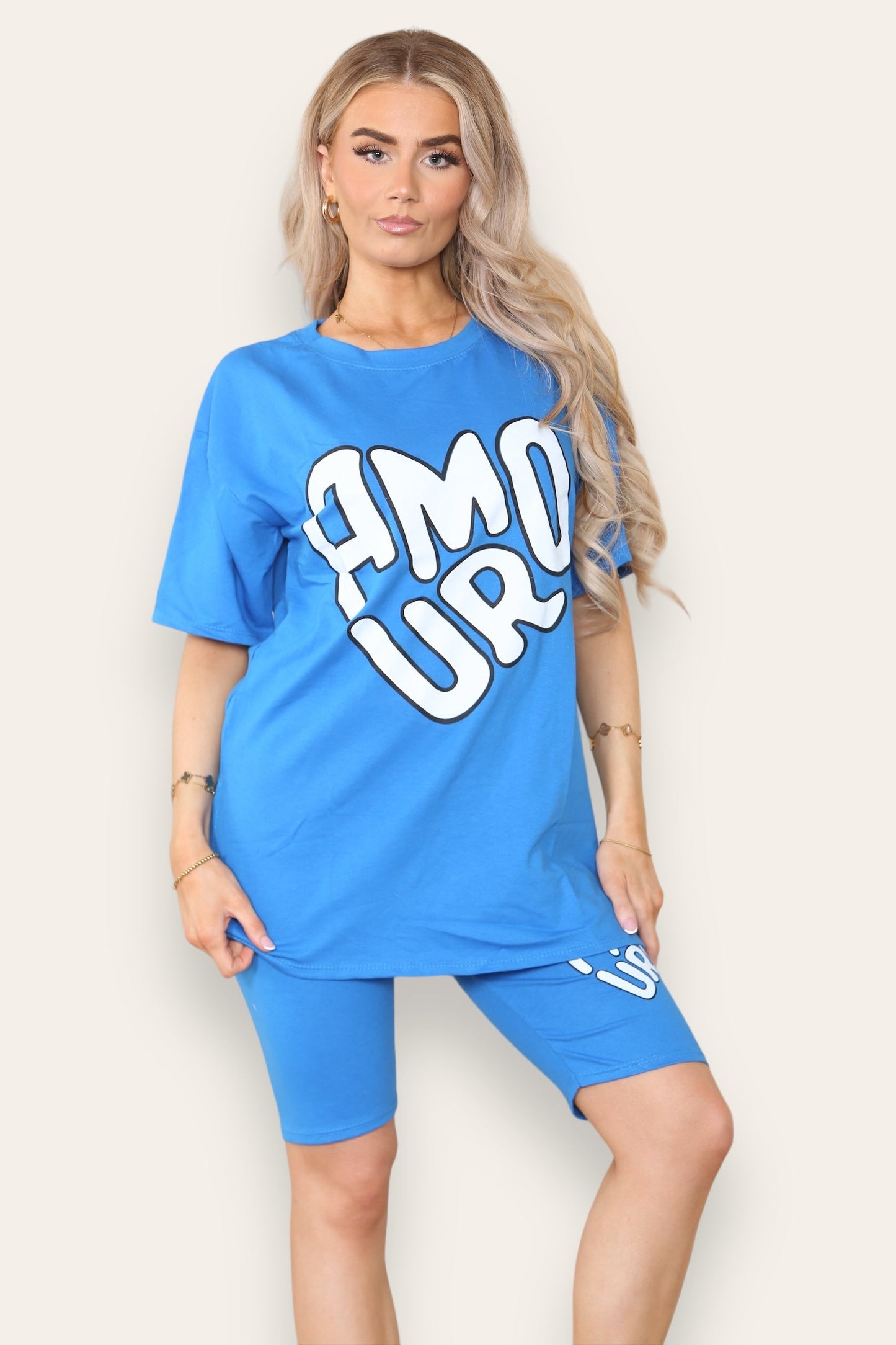 Amour Side Slit Cycling Short and T-Shirts Co-Ord Two Piece Set with Front Amour Slogan - 9th Degree