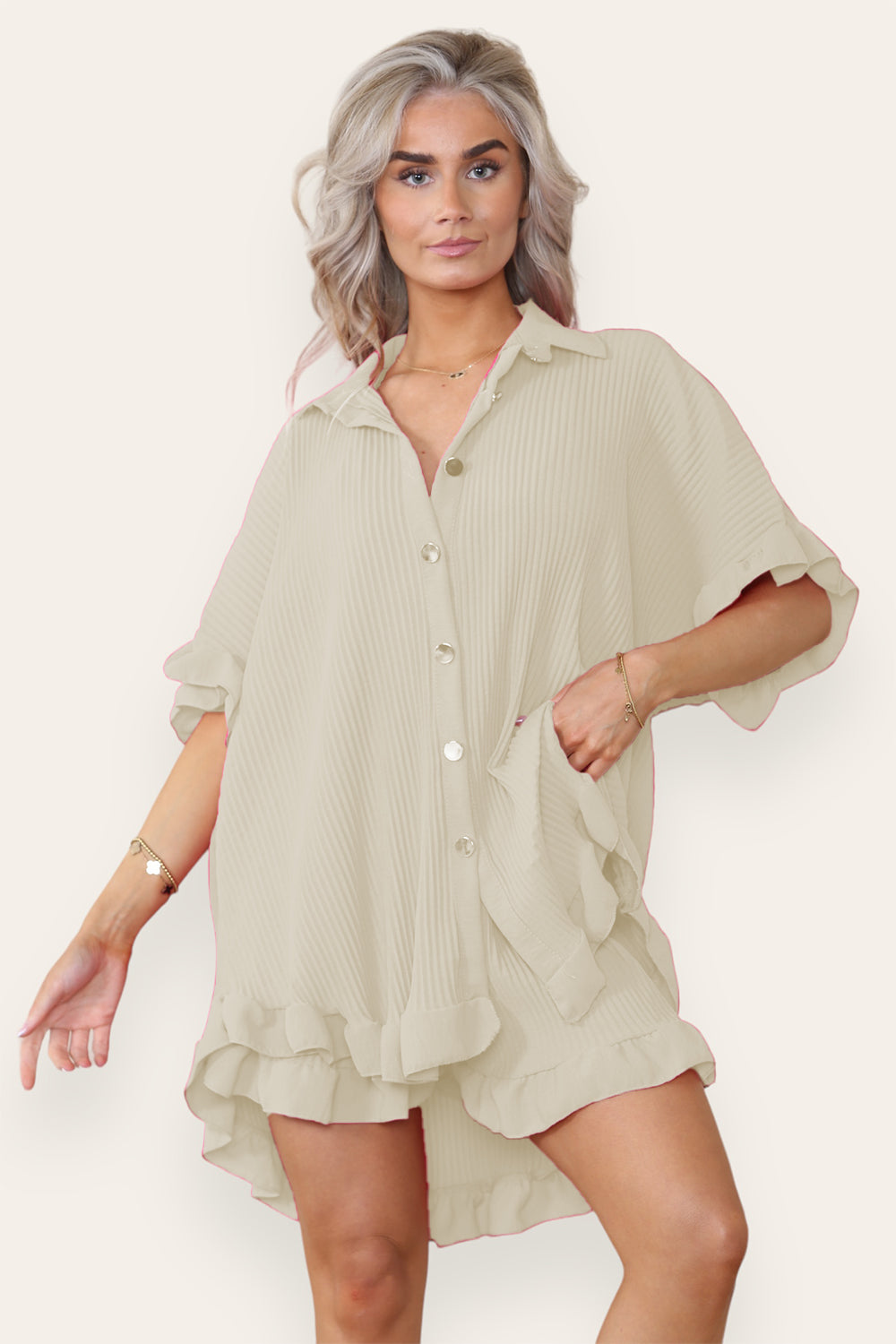 Women’s Casual Oversized Gold Button Pleated Frilled Ruffle Short Sleeves Shirt Top and Short Co-Ord Set - 9th Degree