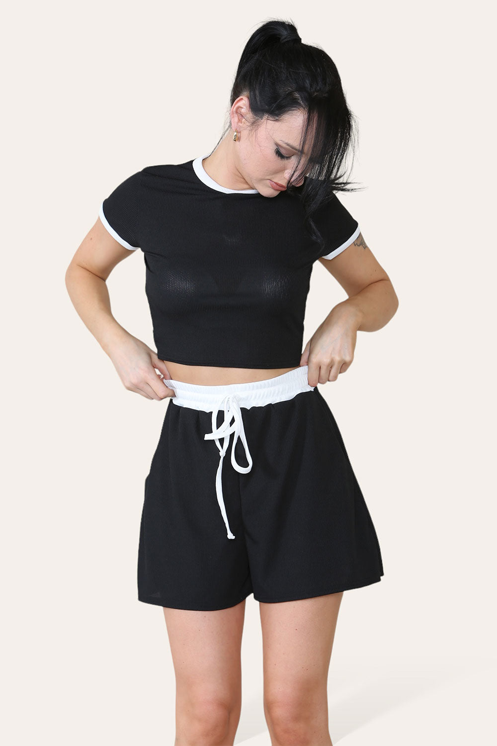 Ribbed Contrast Waistband Top and Short Set - 9th Degree