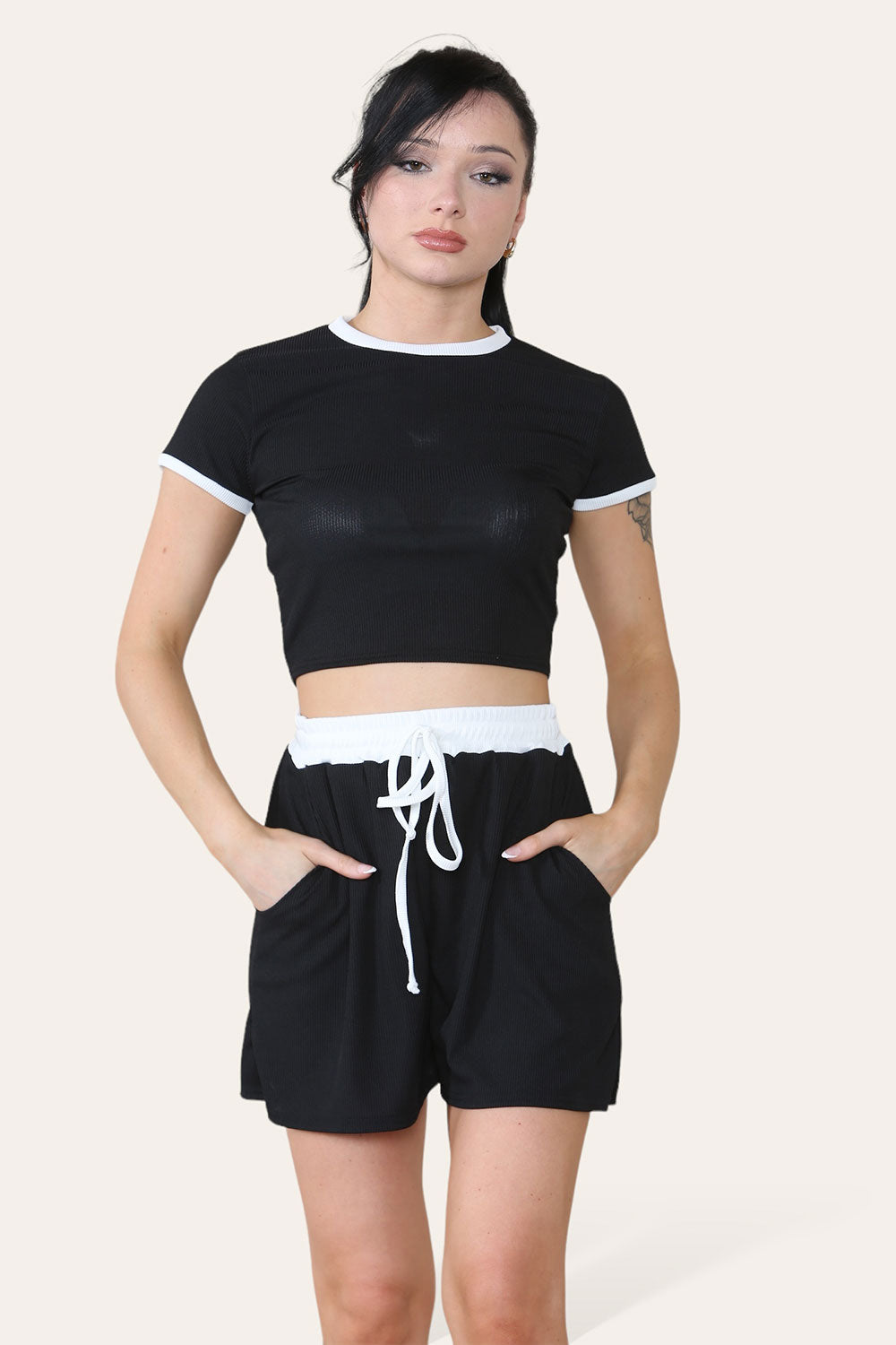 Ribbed Contrast Waistband Top and Short Set - 9th Degree